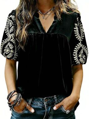 Cherry Betty Velvet Boho Embroidered Black V-Neck Puff-Sleeve Blouse size L